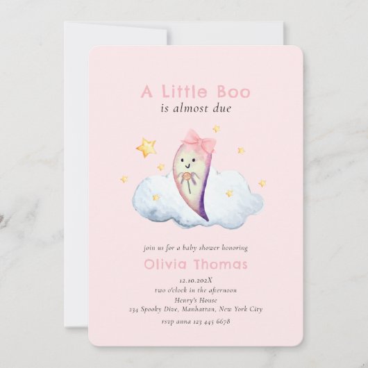 Invitation Baby shower Fille Fantôme Petit Boo Rose (Devant)