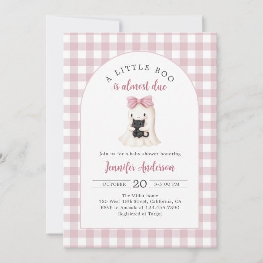 Invitation Baby shower Fille Fantôme rose En vichy Halloween (Devant)