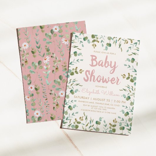 Invitation Baby shower fille Feuille Eucalyptus aquarelle