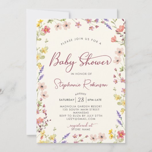 Invitation Baby shower fille Fleur sauvage de chic Script Boh (Devant)