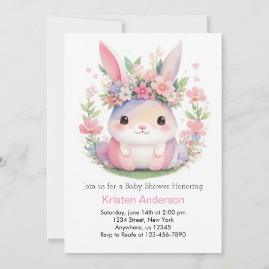 Invitation Baby shower fille Fleur sauvage lapin rose mignon (Devant)