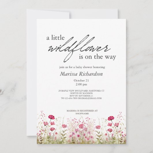Invitation Baby shower fille Fleur sauvage rose (Devant)