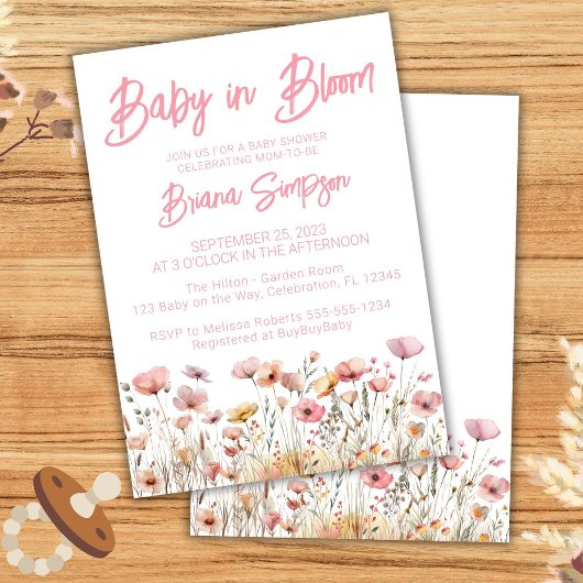 Invitation Baby shower fille Fleur sauvage rose
