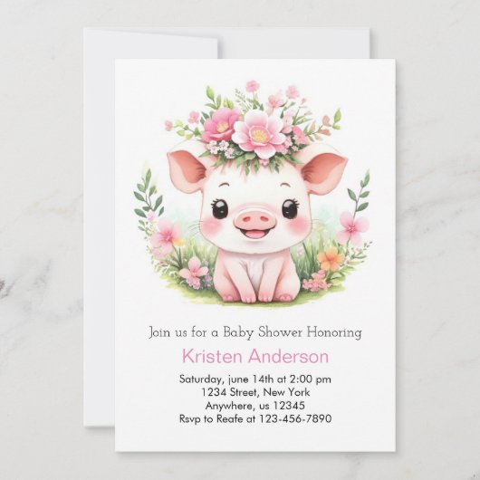 Invitation Baby shower fille Fleur sauvage rose enchantée (Devant)