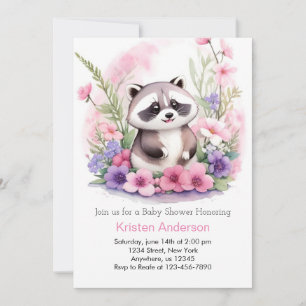Invitation Baby shower fille Fleur sauvage rose Raccoon