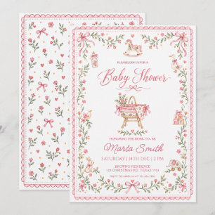 Invitation Baby Shower Fille Fleur Vintage Folklorique