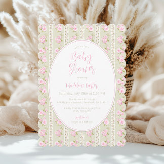 Invitation Baby Shower Fille Fleur Vintage Vert Sauge