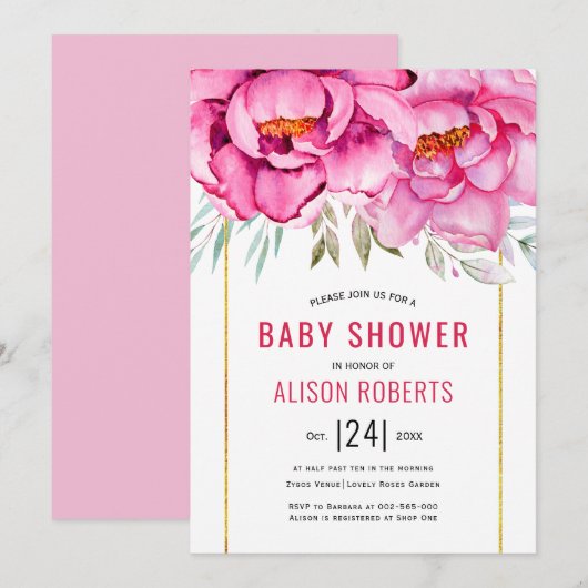 Invitation Baby shower fille fleurie à l'aquarelle rose (Devant / Derrière)