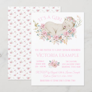 Invitation Baby Shower Fille Fleurs Aquarelle Pastel