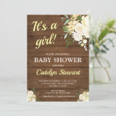 Invitation Baby Shower Fille Fleurs Blanches sur Fond Bois Ru (Debout devant)