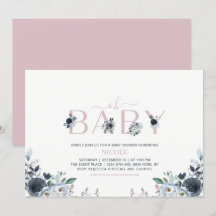 Baby Shower Fille Floral Bohème Bleu Marine et Ros