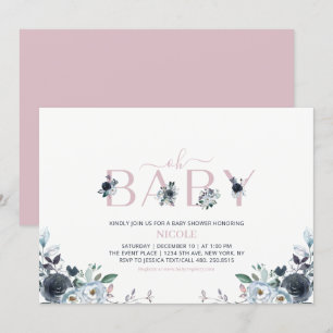 Invitation Baby Shower Fille Floral Bohème Bleu Marine et Ros