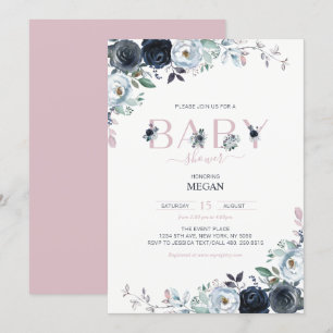 Invitation Baby Shower Fille Floral Bohème Bleu Marine et Ros