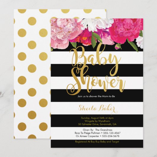 Invitation Baby shower fille - Floral noir blanc (Devant / Derrière)