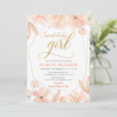 Invitation Baby shower fille floral or rose pâle (Debout devant)