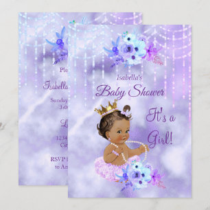 Invitation Baby Shower Fille floral sarcelle Violet Brunette 