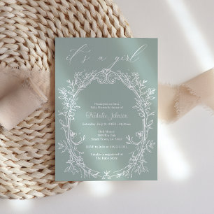 Invitation Baby Shower Fille Floral Vert Élégant et Intempore