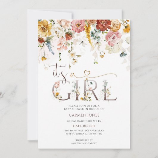 Invitation Baby Shower Fille Florale (Devant)