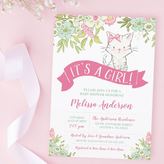 Invitation Baby Shower Fille Florale Kitty