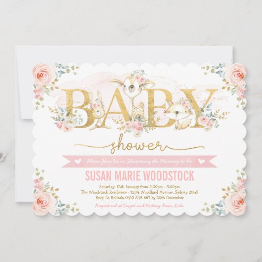 Invitation Baby shower Fille Forêt Florale Bleu Cute (Devant)