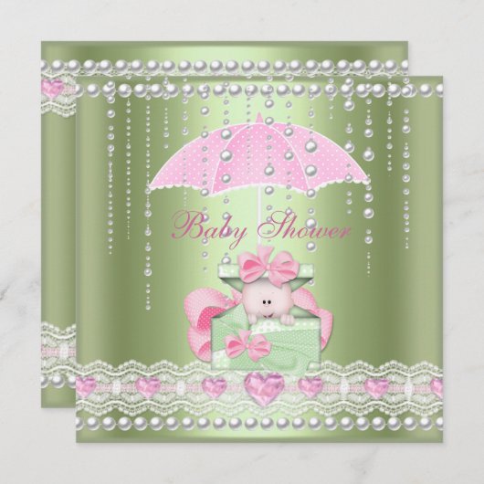 Invitation Baby shower fille garçon bébé rose menthe paraplui (Devant / Derrière)