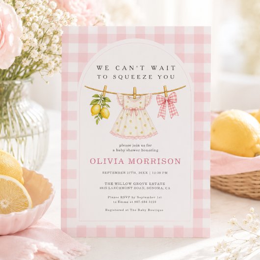 Invitation Baby Shower Fille Gingham Rose Citron