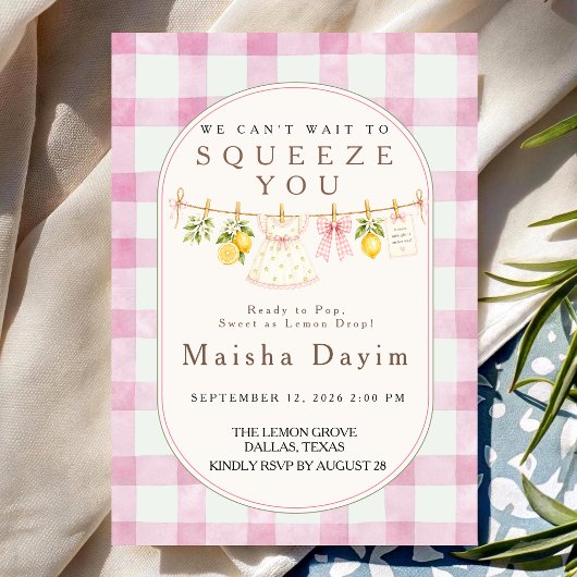Invitation Baby Shower Fille Gingham Rose Citron 