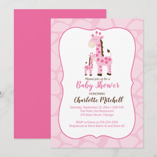 Invitation Baby shower fille Giraffe rose (Devant / Derrière)