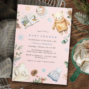Invitation Baby Shower Fille Hiver Rose Pale Aquarelle