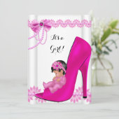Invitation Baby shower fille Hot rose bébé chaussure dentelle (Debout devant)