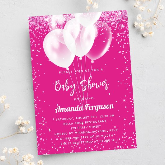Invitation Baby shower fille hot rose blanc ballons luxe