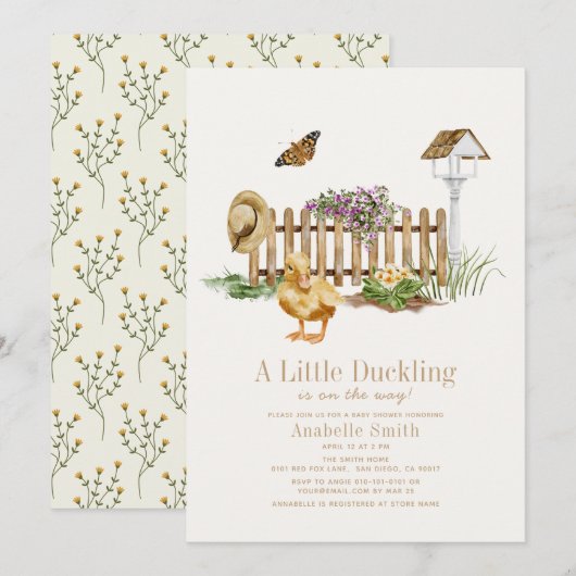 Invitation Baby shower fille Jardin d'aquarelle canard (Devant / Derrière)