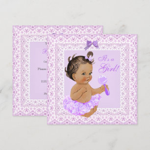 Invitation Baby Shower Fille Jolie Lavande Dentelle Brunette