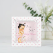Invitation Baby shower fille jouet rose Polka Dot Brunette (Debout devant)