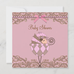 Invitation Baby Shower Fille Lace Perles Rose Marron