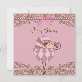 Invitation Baby Shower Fille Lace Perles Rose Marron
