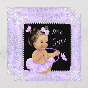 Invitation Baby shower Fille Lavande Papillon Tutu Brunette
