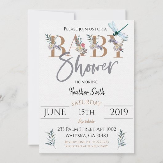 Invitation Baby shower Fille libellule (Devant)