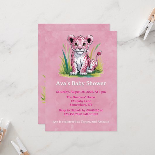 Invitation Baby shower fille Lion rose (Devant/Arrière en situation)