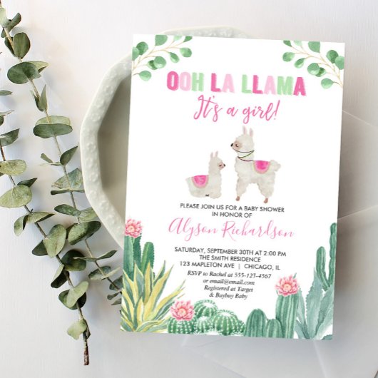 Invitation Baby shower fille Llama et cactus