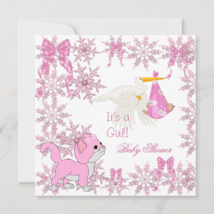 Invitation Baby Shower Fille Mignon Petit Chat Cigogne