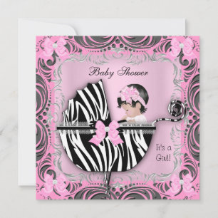 Invitation Baby Shower Fille Mignonne Rayure Grise Rose