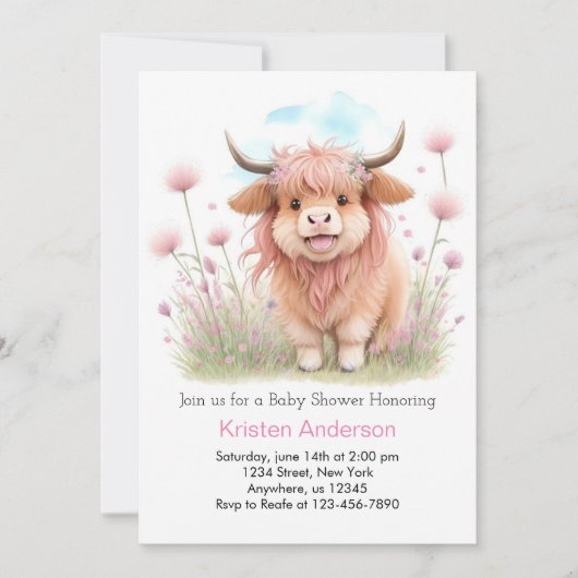 Invitation Baby Shower Fille Mignonne Vache des Highlands (Devant)
