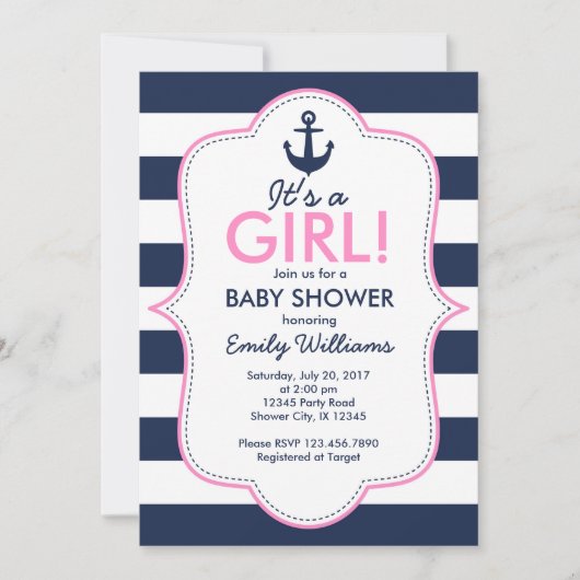 Invitation Baby shower fille nautique (Devant)