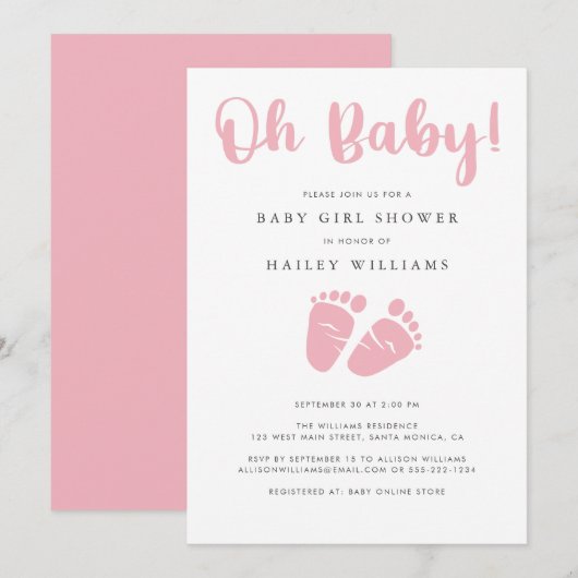 Invitation Baby shower fille | Oh bébé rose pieds bébé (Devant / Derrière)