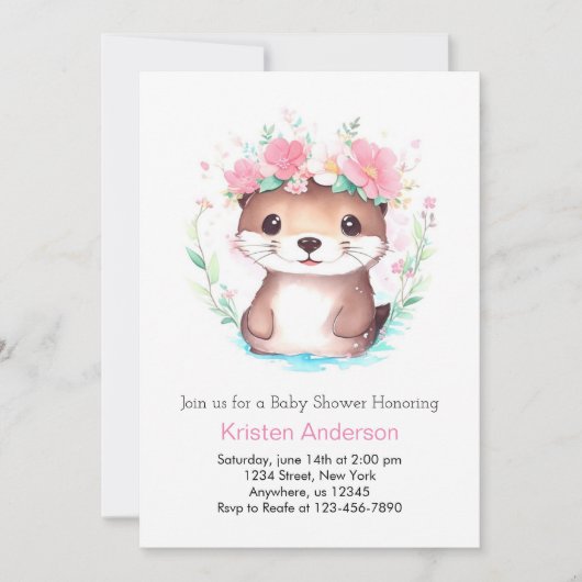 Invitation Baby shower fille Otter couleur rose florale (Devant)