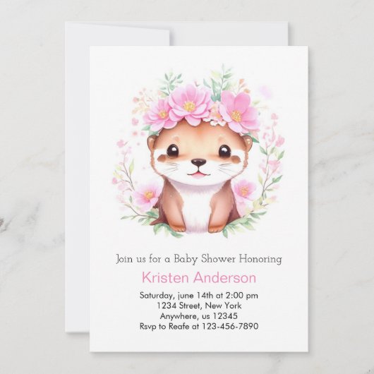 Invitation Baby shower Fille Otter Rose Cute (Devant)