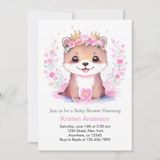 Invitation Baby shower Fille Otter Rose Floral (Devant)