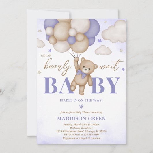Invitation Baby Shower Fille Ours Boho Violet (Devant)