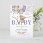 Invitation Baby Shower Fille Ours Boho Violet (Debout devant)